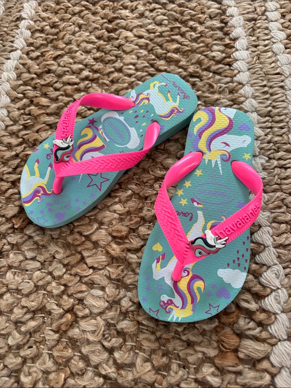 Havaianas Kids Unicorn Teal Flip Flops with Hot Pink Straps